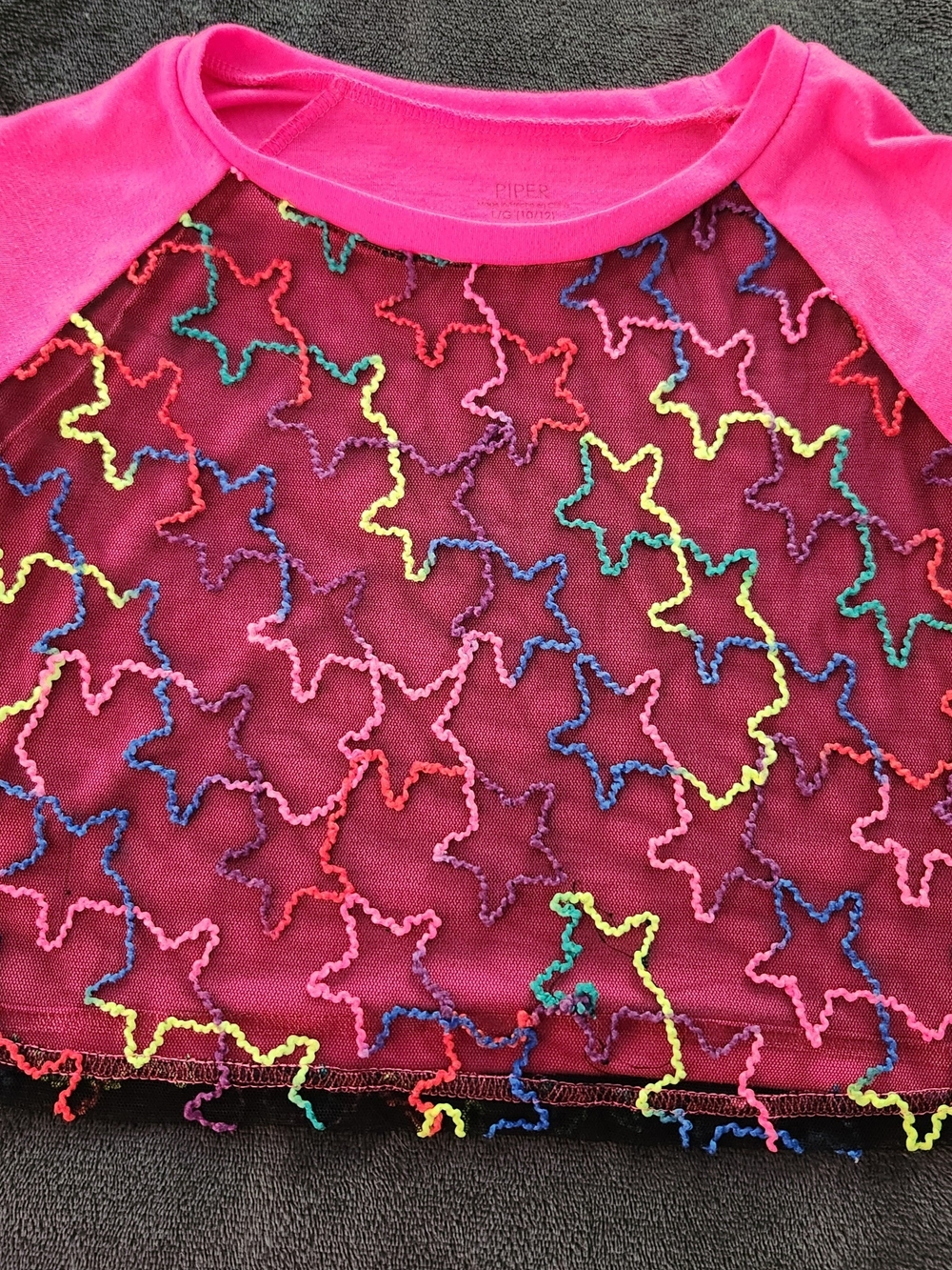 Y2k Vibrant Hot Pink Mesh Top with Multicolor Star Stitching Girls Size 10/12
